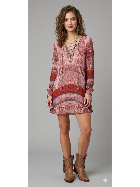 charlie jade Tops - Charlie Jade Silk Womens Paisley Print Boho Tunic Dress M Pink & Red